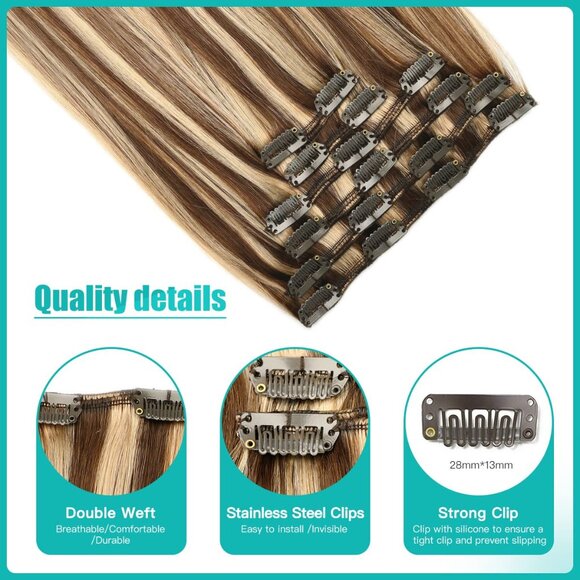 Clip in Human Hair Extensions 16 Inch Chocolate Brown & Caramel Blonde - Picture 4 of 7